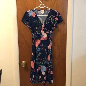 Blue flowered faux wrap dress